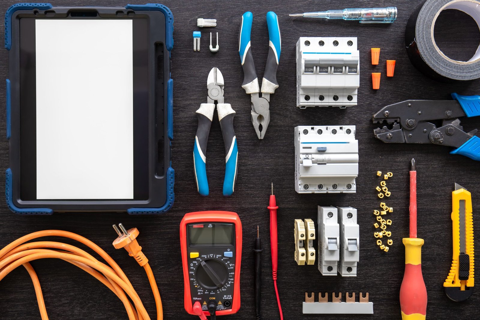 different-electrical-tools-wooden-background-flat-lay